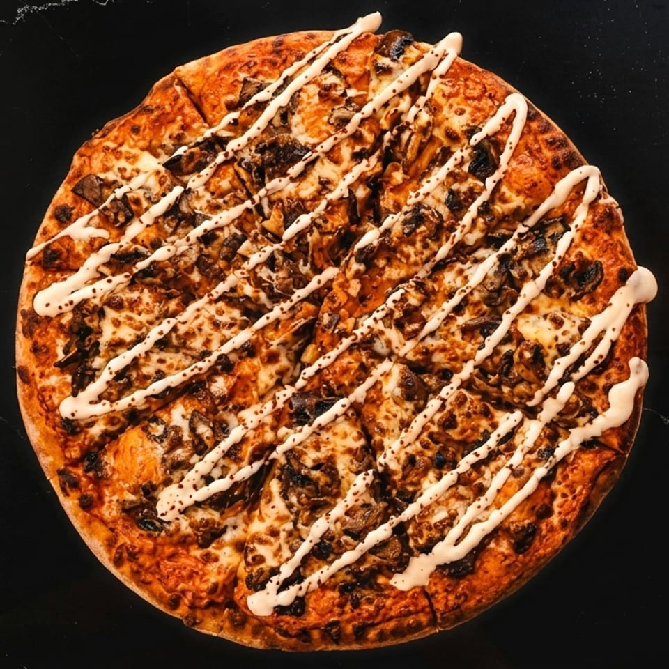 Round pizza topped with melted cheese, sliced mushrooms, browned toppings, and drizzled white sauce on a black surface.
