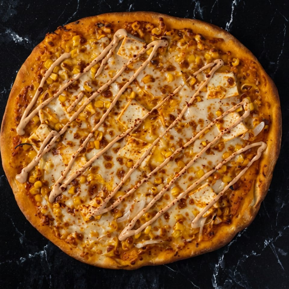 Round corn-topped pizza with melted cheese and creamy sauce drizzled across the surface on black marble.