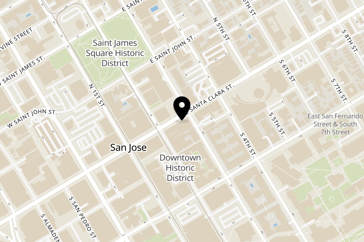 Map showing the location of Mazala Pizza San Jose on 82 E Santa Clara St in San Jose