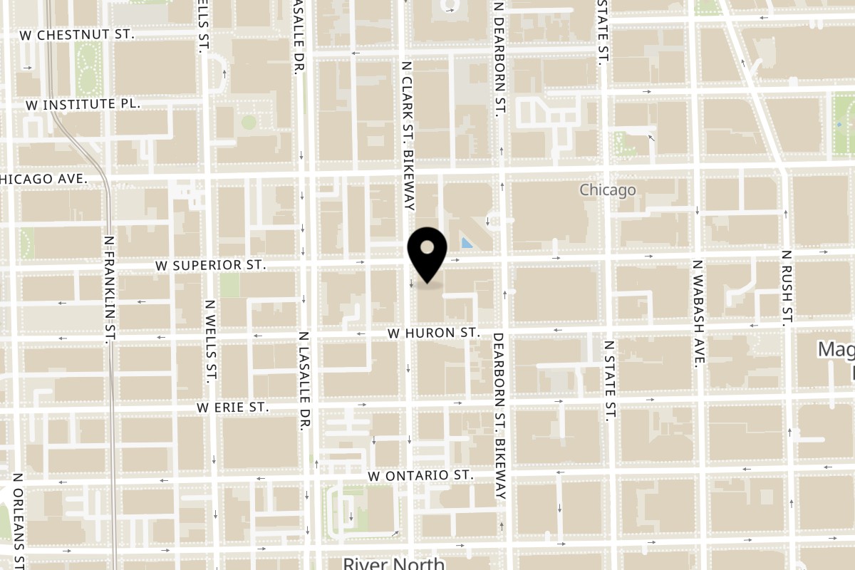 Map showing the location of Mazala Pizza River North on 70 W Huron St in Chicago